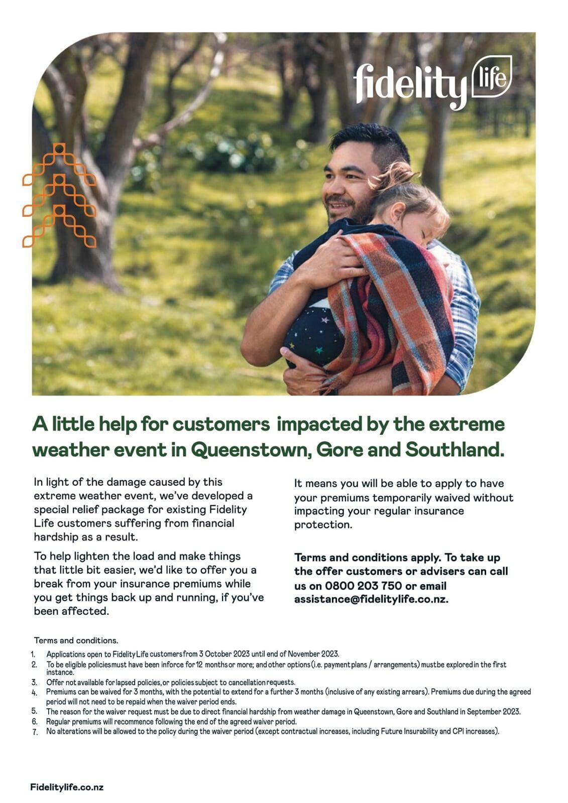 Premium Relief Offer from FIDELITY LIFE for Queenstown, Gore and Southland